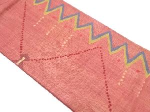 リサイクル　草木染　変わり縞に抽象模様織り出し袋帯